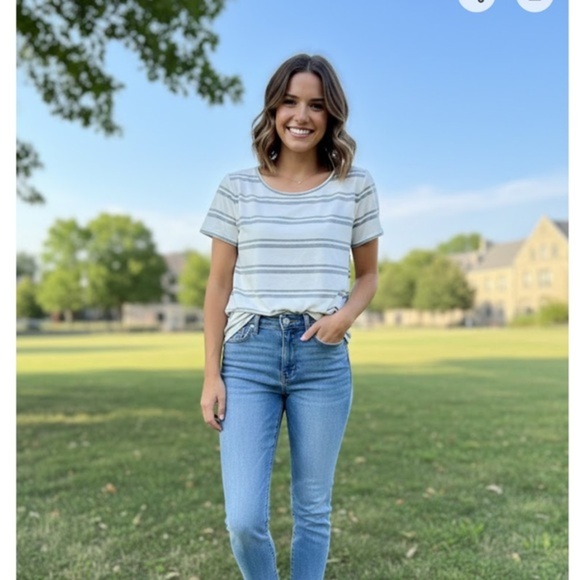 Pink Clover Tops - Pink Clover White and Gray Striped Top